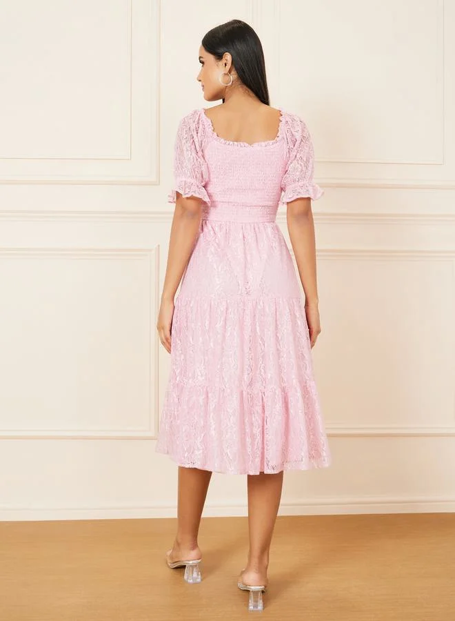 Styli Smocked Detail All Over Lace Tiered Midi Dress