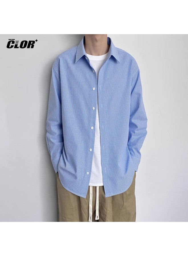 Clor Men's Striped Shirt Autumn Winter Style Loose Fit Versatile Long Sleeve Shirt Jacket Clcx16 Blue White Stripes L - Image 1