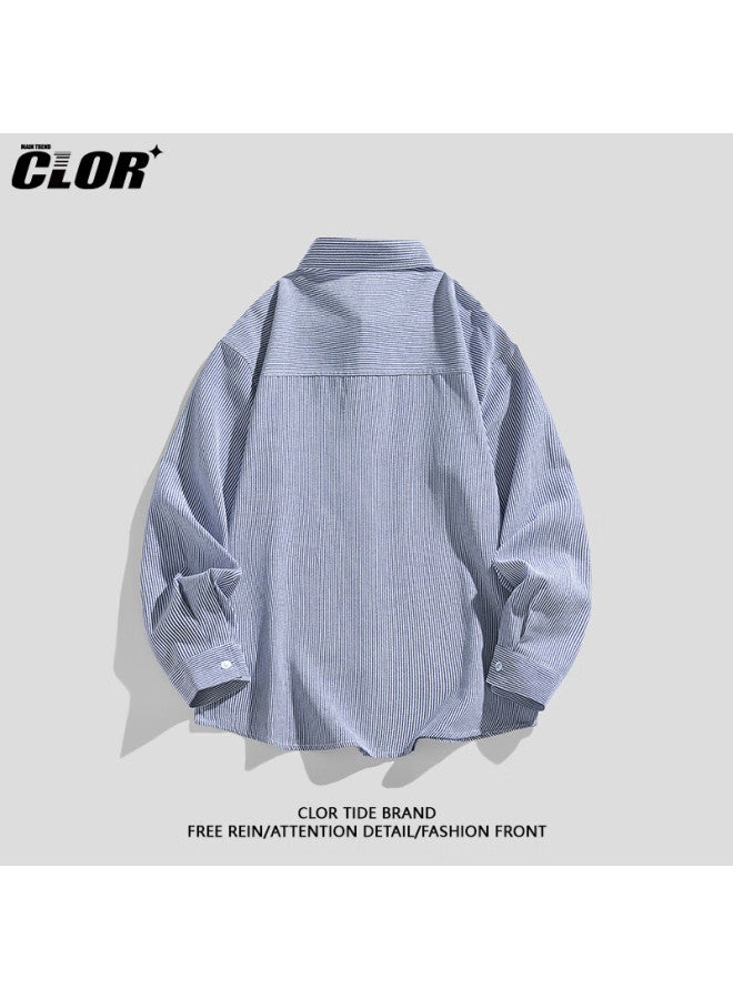 Clor Men's Striped Shirt Autumn Winter Style Loose Fit Versatile Long Sleeve Shirt Jacket Clcx16 Blue White Stripes L - Image 4