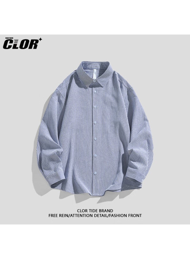 Clor Men's Striped Shirt Autumn Winter Style Loose Fit Versatile Long Sleeve Shirt Jacket Clcx16 Blue White Stripes L - Image 3