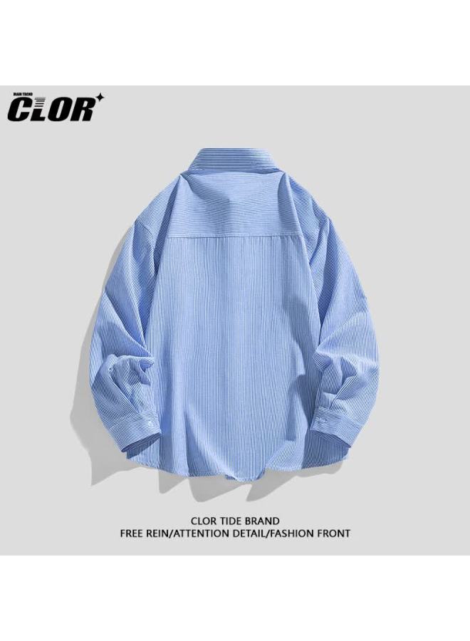Clor Men's Striped Shirt Autumn Winter Style Loose Fit Versatile Long Sleeve Shirt Jacket Clcx16 Blue White Stripes L - Image 2