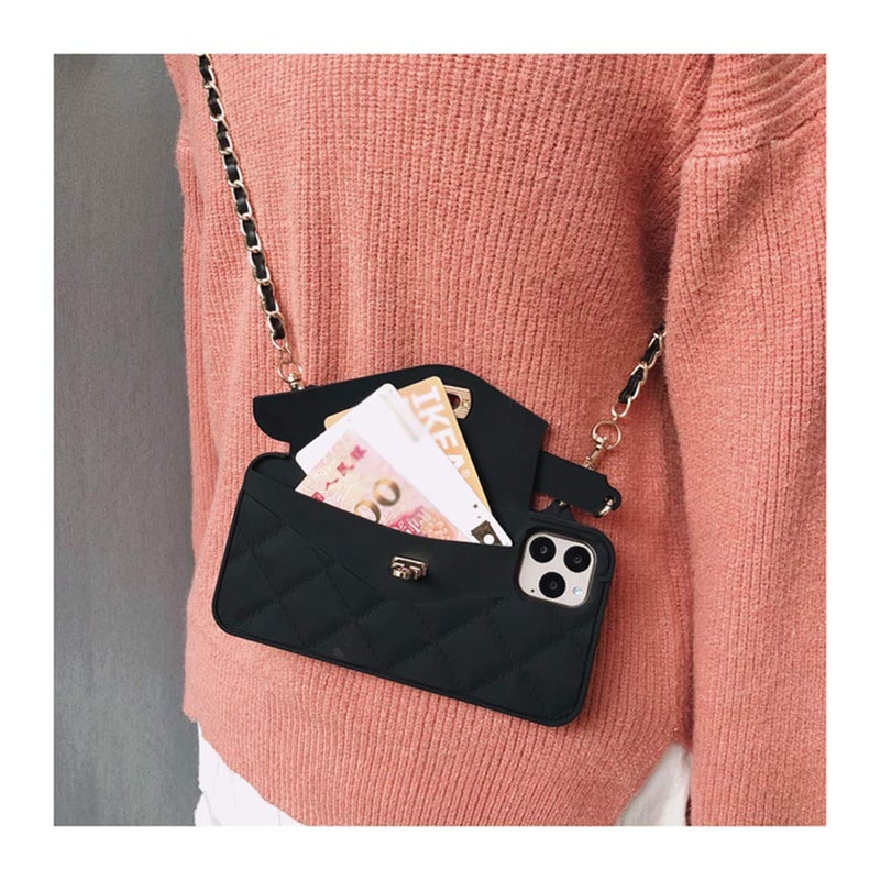 UnnFiko Wallet Case Compatible with iPhone 11 Pro, Cute Light Luxury Bag Design, Purse Flip Card Pouch Cover Soft Silicone Case with Handstrap Long Shoulder Strap (Black, iPhone 11 Pro) - Image 2