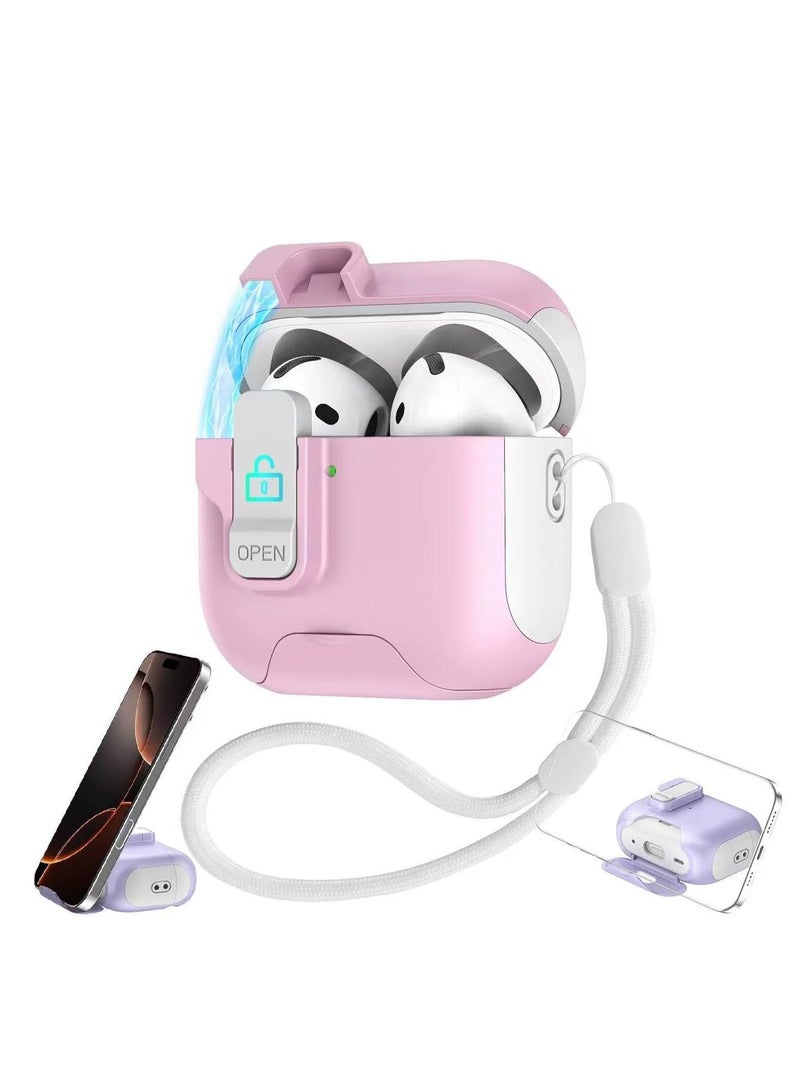 case for AirPods 4th Generation Case with Secure Lock,Shockproof Hard Protective Cover for AirPods 4th Case with Phone Holder,Airpod 4th Cases with Lanyard (PINK) - Image 1