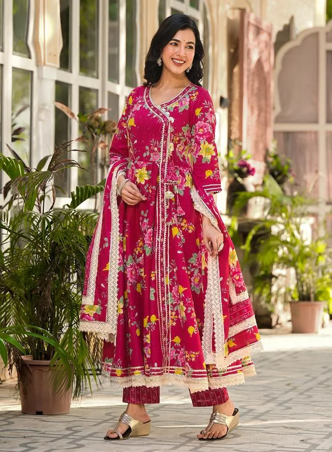 ISHIN Women's Pink Cotton Printed Tunic Upper Calf Length Palazzo Bottom Flared 3 Peice Kurta Set