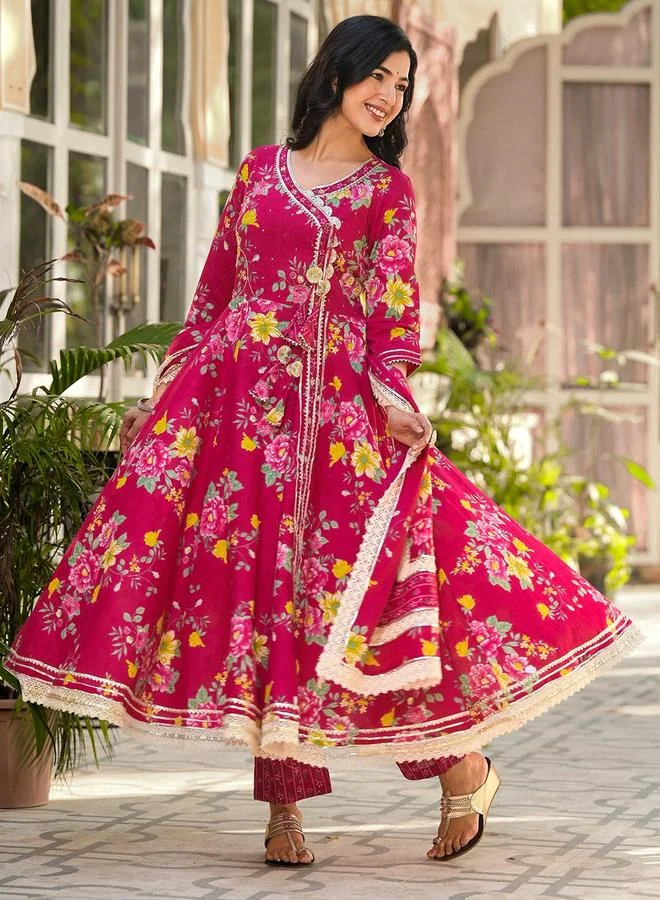 ISHIN Women's Pink Cotton Printed Tunic Upper Calf Length Palazzo Bottom Flared 3 Peice Kurta Set