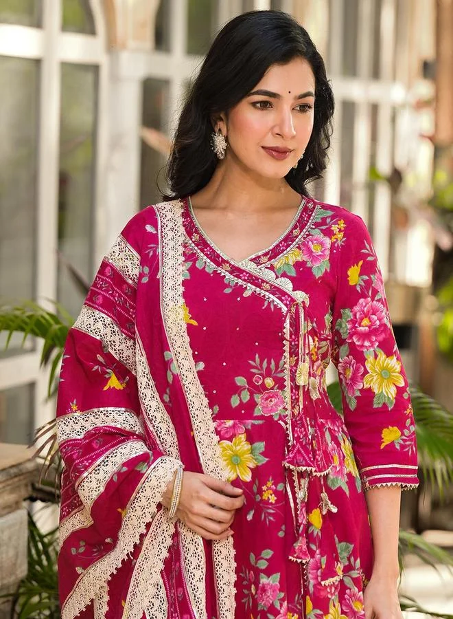 ISHIN Women's Pink Cotton Printed Tunic Upper Calf Length Palazzo Bottom Flared 3 Peice Kurta Set