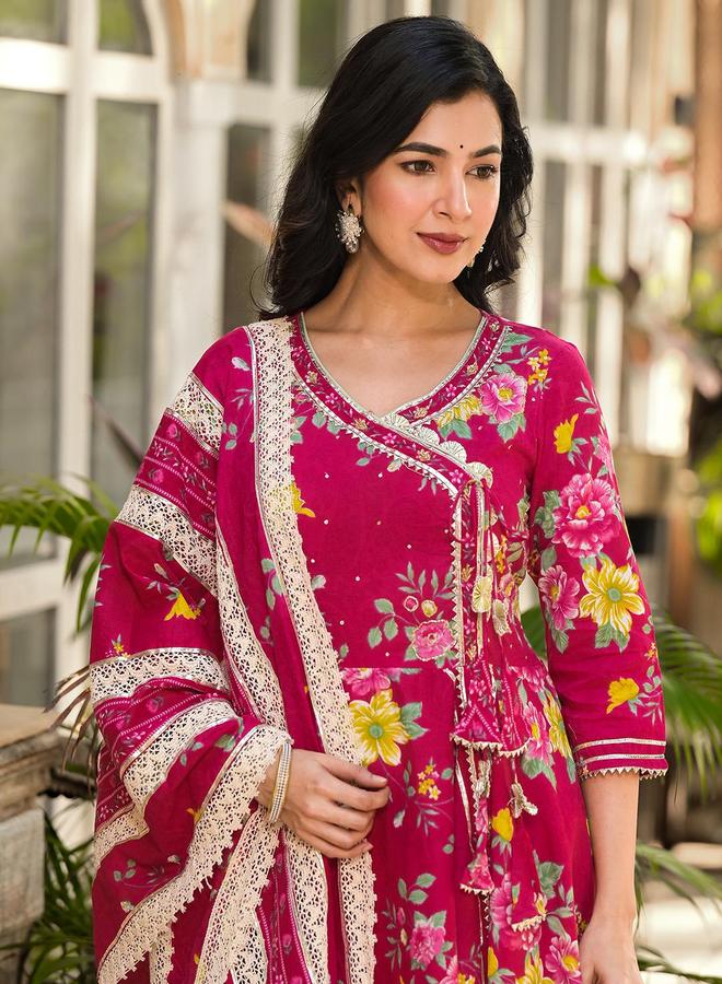 ISHIN Women's Pink Cotton Printed Tunic Upper Calf Length Palazzo Bottom Flared 3 Peice Kurta Set - Image 5