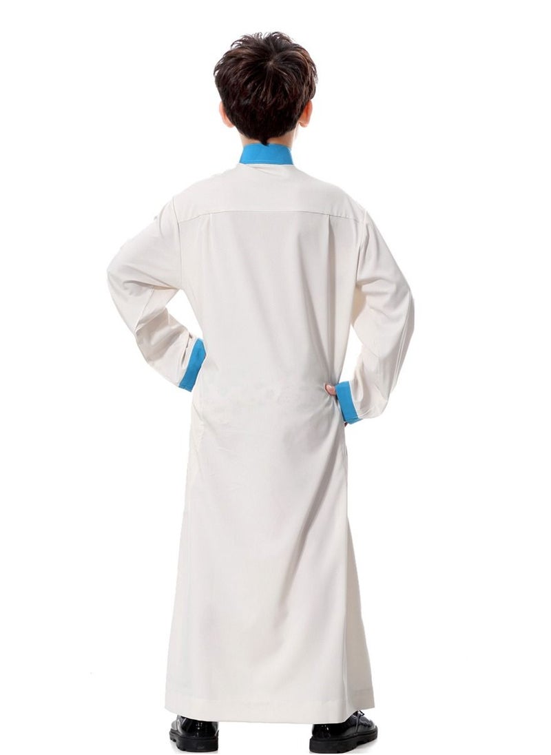 Loquat Boy's Muslim Arab Long Sleeve Kaftan Middle Eastern Kandora Thobe Thawb Ivory/Blue  - Image 3