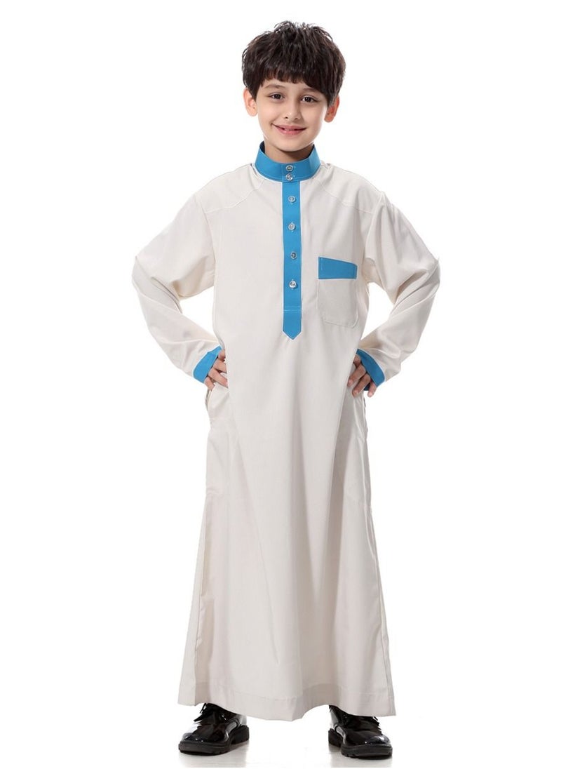 Loquat Boy's Muslim Arab Long Sleeve Kaftan Middle Eastern Kandora Thobe Thawb Ivory/Blue  - Image 1