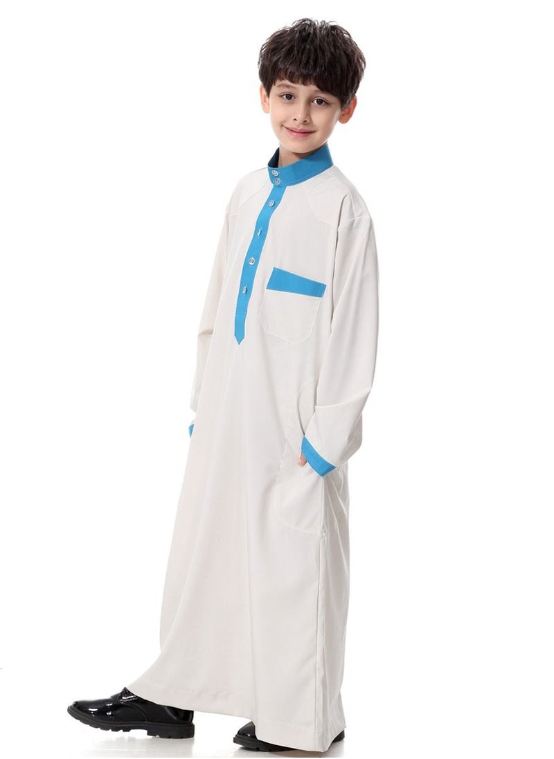 Loquat Boy's Muslim Arab Long Sleeve Kaftan Middle Eastern Kandora Thobe Thawb Ivory/Blue  - Image 2