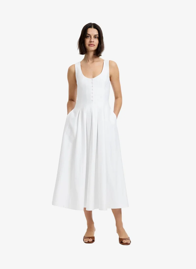 Women's Summer White Cotton Sateen Midi Dress