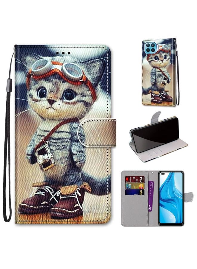 HuHa Case Cover For OPPO F17 Pro / A93 4G / Reno4 Lite / Reno4 F Coloured Drawing Cross Texture Horizontal Flip PU Leather Case with Holder & Card Slots & Wallet & Lanyard Leather Shoes Cat 