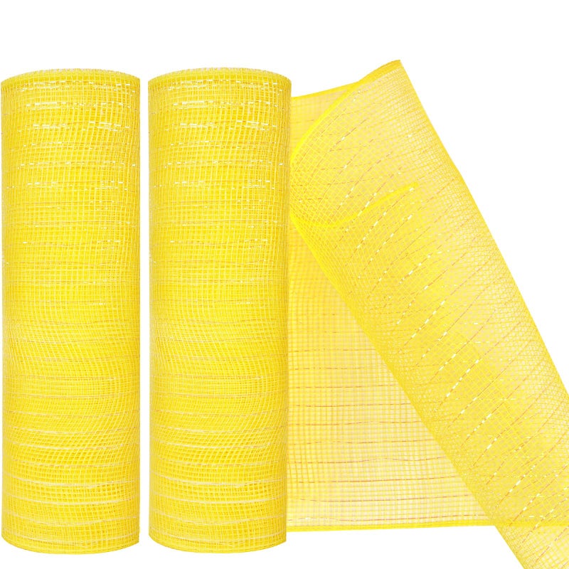 MIKIMIQI 2 Pack Deco Mesh 10 Inch x 30 Feet Decor Mesh Ribbon with Metallic Foil Deco Mesh Wreath Supplies Ribbon Mesh Roll for Spring Wreaths Craft Party Decoration Yellow
