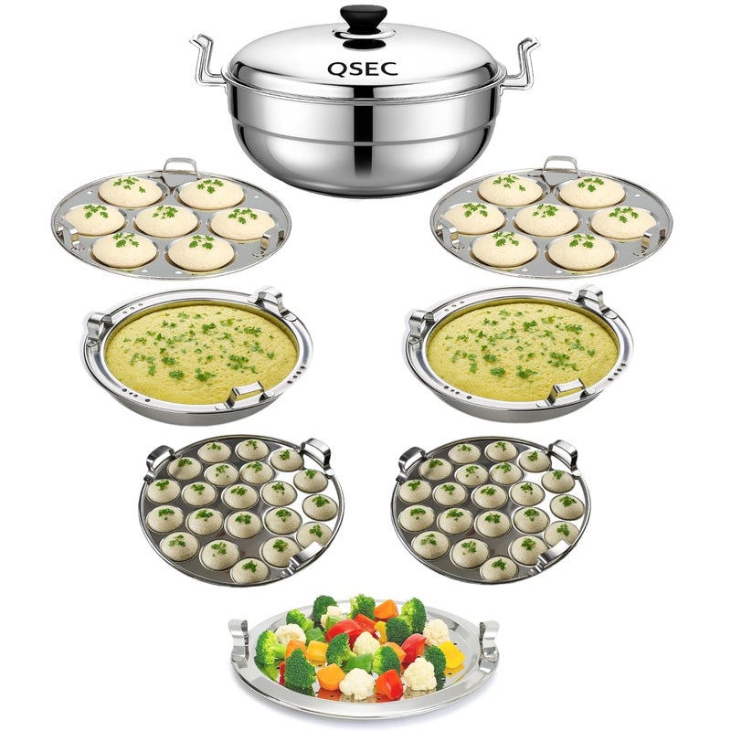 QSEC Stainless Steel Induction Base Idli Maker Multi Kadai Idli Steamer & Idli Cooker With 7 Plates | 2 Mini Idli | 2 Idli | 2 Dhokla | 1 Momo , 5 Liter - Image 1