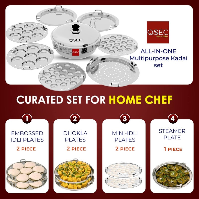 QSEC Stainless Steel Induction Base Idli Maker Multi Kadai Idli Steamer & Idli Cooker With 7 Plates | 2 Mini Idli | 2 Idli | 2 Dhokla | 1 Momo , 5 Liter - Image 2