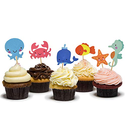 HOKPA Ocean Theme Cupcake Toppers Food Picks Dolphin Seahorse Starfish Fish for Ocean Nautical Theme Party Baby Shower Kids Birthday Cake Supplies 48PCS - Image 1