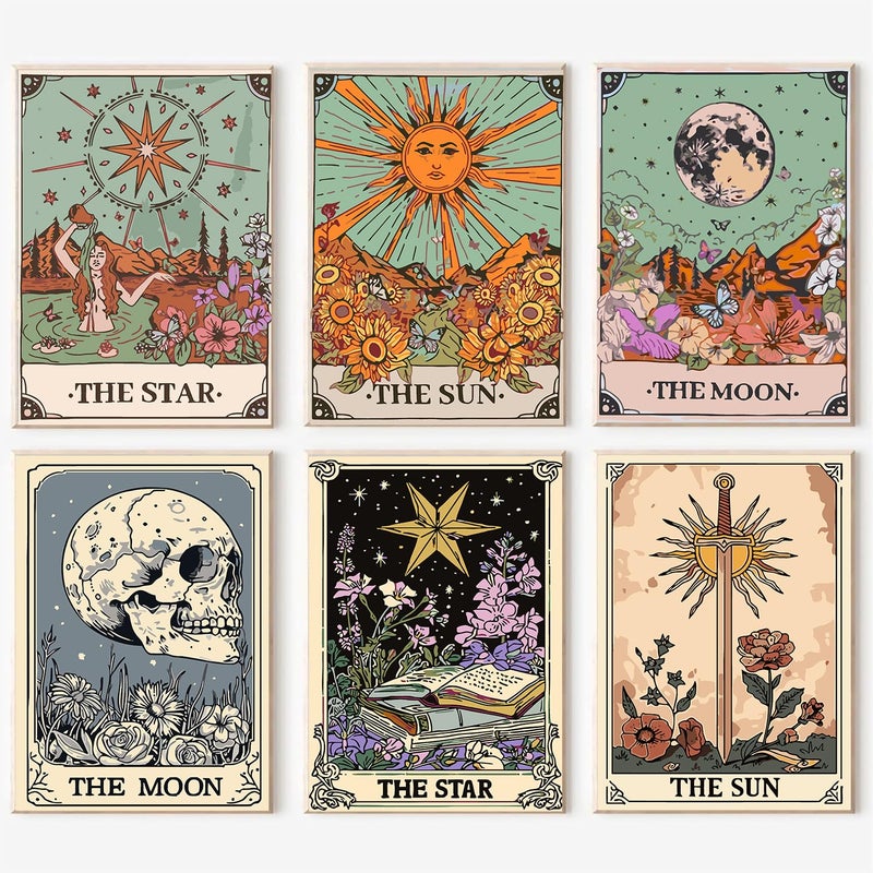 igoodom 6 Pack Paint by Numbers for Adults, 25x35cm DIY Acrylic Canvas Painting Kit, Sun and Moon Star Paint by Number Set for Beginners & Home Wall Decor - Image 1