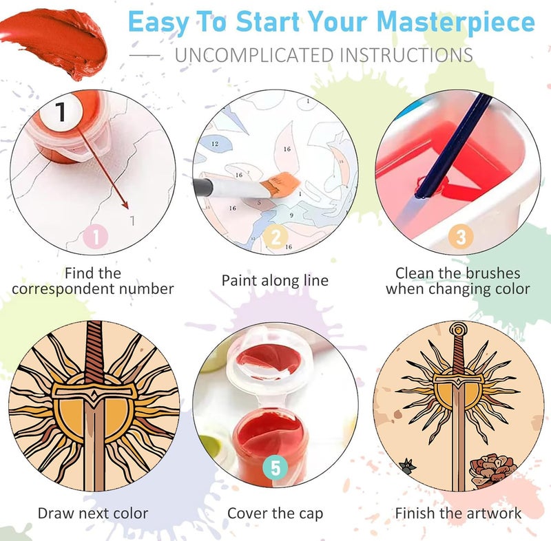igoodom 6 Pack Paint by Numbers for Adults, 25x35cm DIY Acrylic Canvas Painting Kit, Sun and Moon Star Paint by Number Set for Beginners & Home Wall Decor - Image 5
