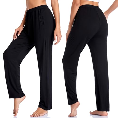 Envlon Yoga Pants for Women Loose Open Bottom with Pockets Lightweight Comfy Running Pants Casual Active Workout Joggers Black - Image 3