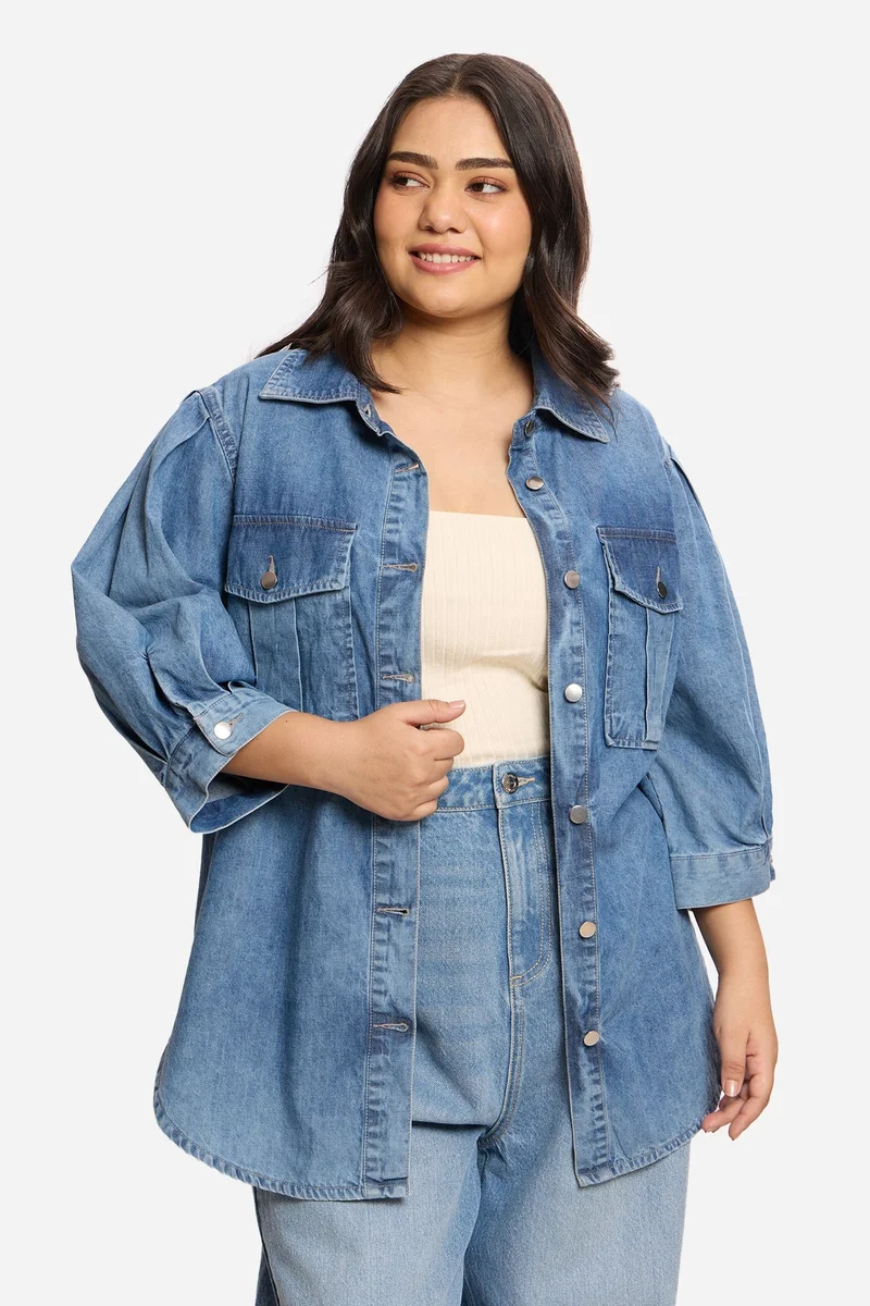 فيرجيو Solid Cotton Utility Denim Plus Size Shirt for Women