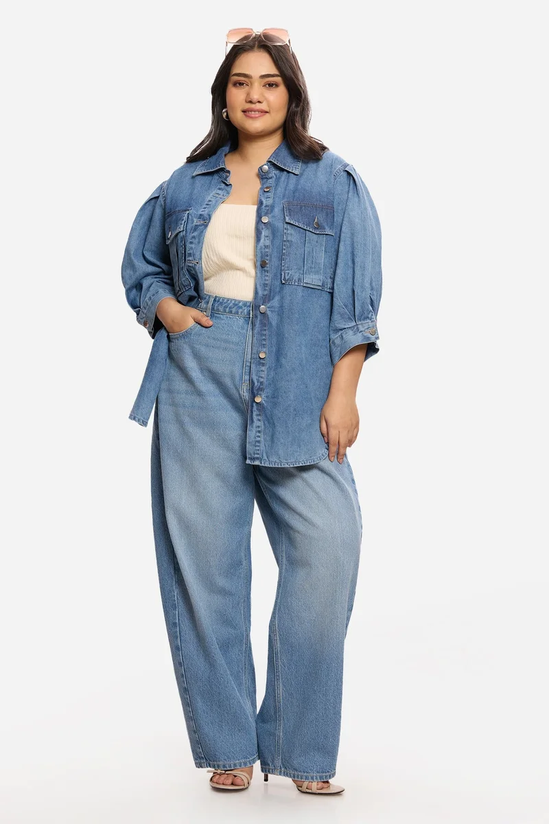 فيرجيو Solid Cotton Utility Denim Plus Size Shirt for Women