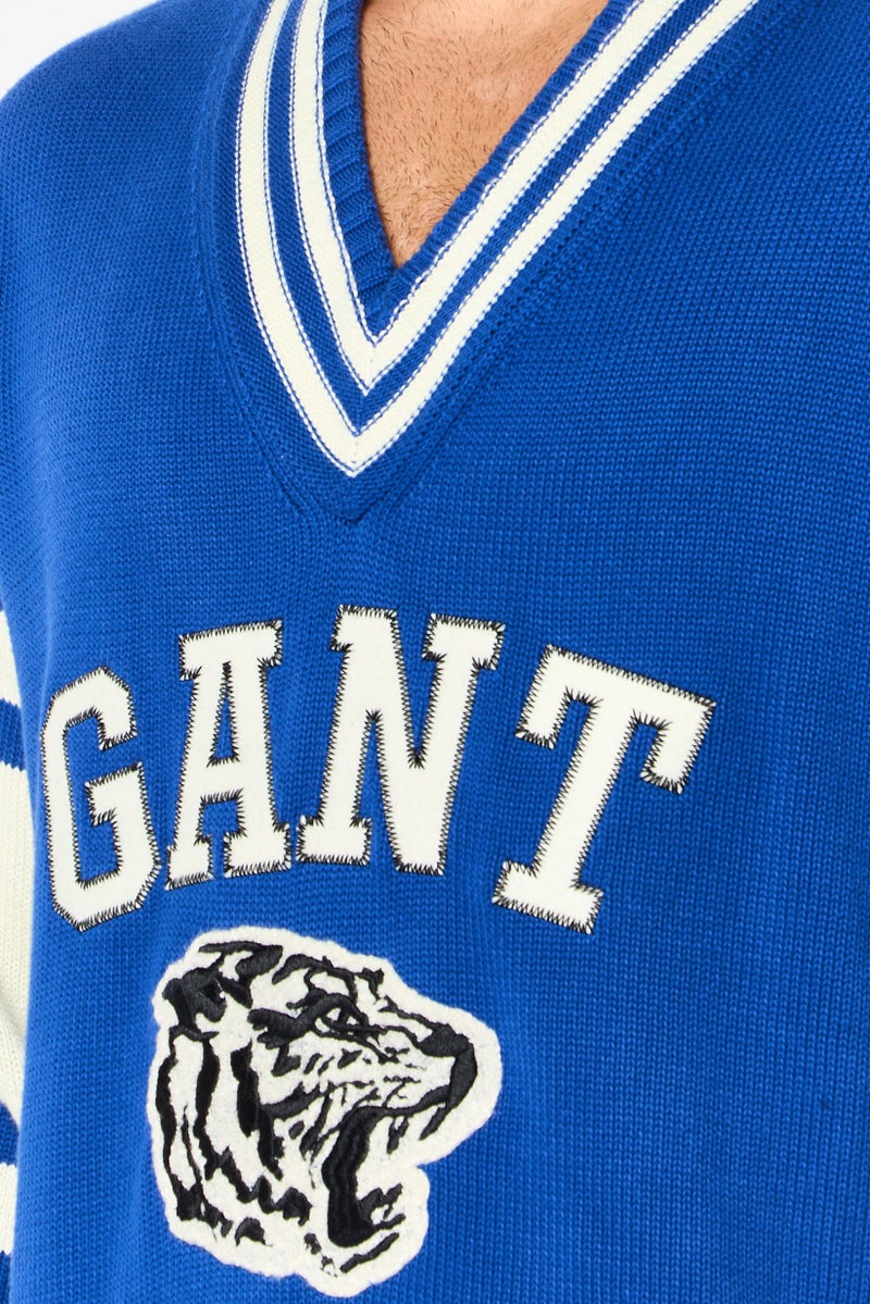 GANT Men V-Neck Crochet Sweater, Blue - Image 3