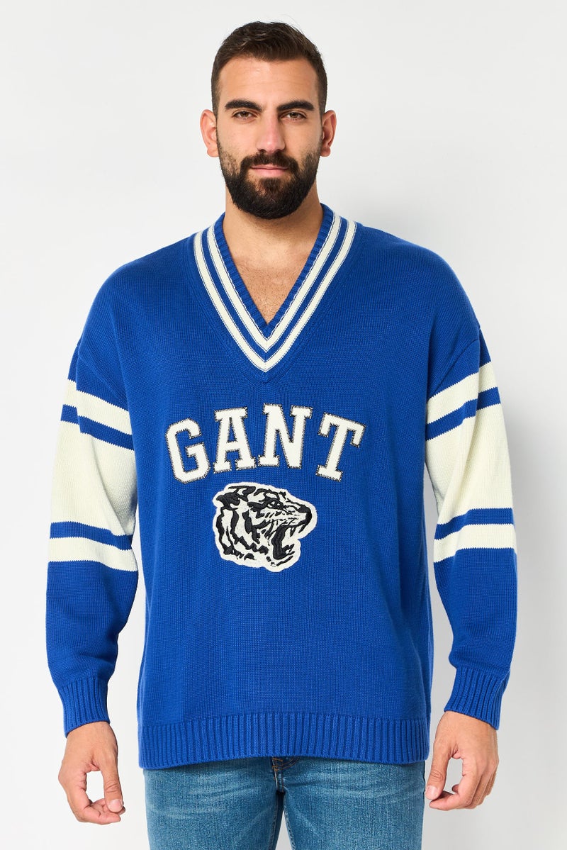 GANT Men V-Neck Crochet Sweater, Blue - Image 1