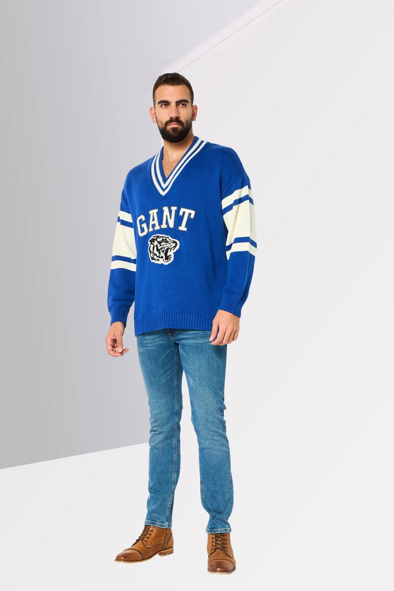 GANT Men V-Neck Crochet Sweater, Blue - Image 2