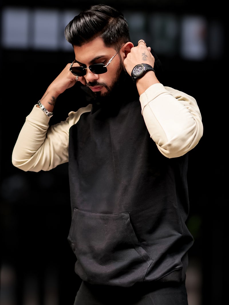 Maniac Mens Color Block Hooded Neck Raglan Full Sleeve Black Fleece Oversized Sweatshirt - Image 3