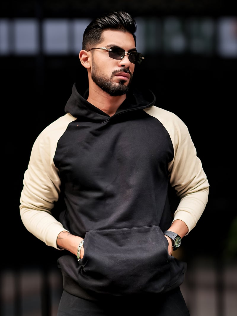 Maniac Mens Color Block Hooded Neck Raglan Full Sleeve Black Fleece Oversized Sweatshirt - Image 1