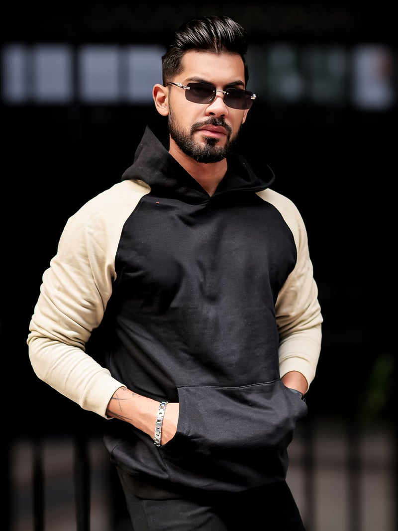 Maniac Mens Color Block Hooded Neck Raglan Full Sleeve Black Fleece Oversized Sweatshirt - Image 2