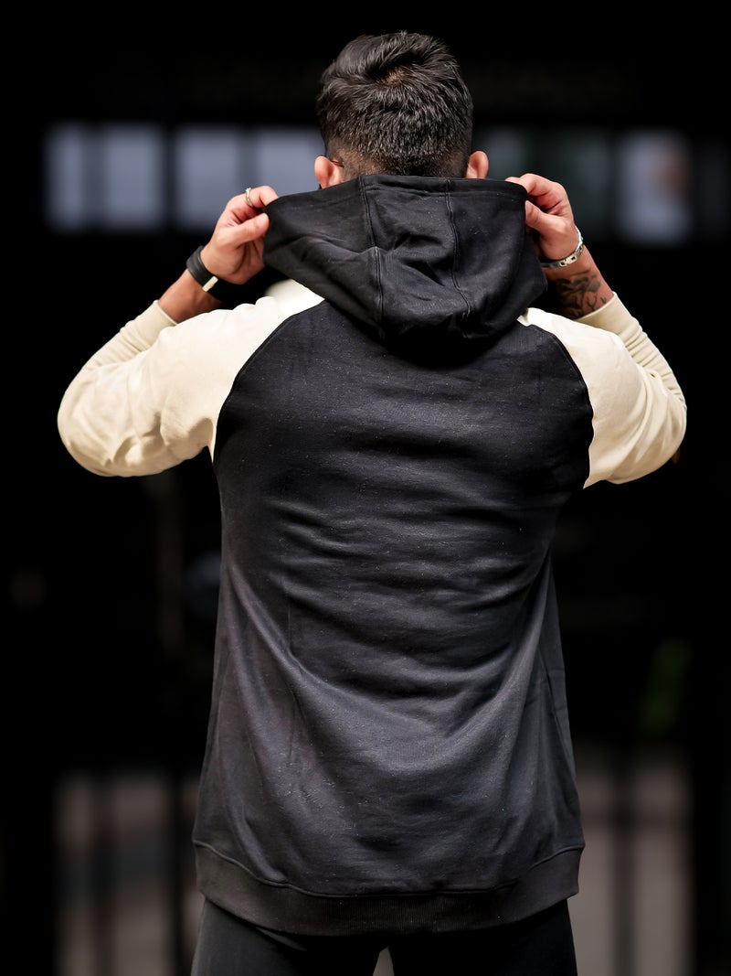 Maniac Mens Color Block Hooded Neck Raglan Full Sleeve Black Fleece Oversized Sweatshirt - Image 4