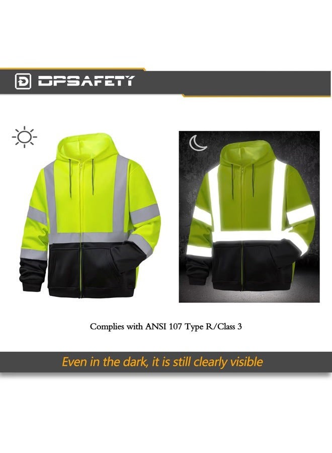 DPSAFETY High visibility Hoodie for Men,Class3 Hi Vis Hoodie with Zipper,Reflective Hooded Hood,Construction work Safety Sweatshirt with Large front Pocket for Men/Women Black Bottom Large - Image 5