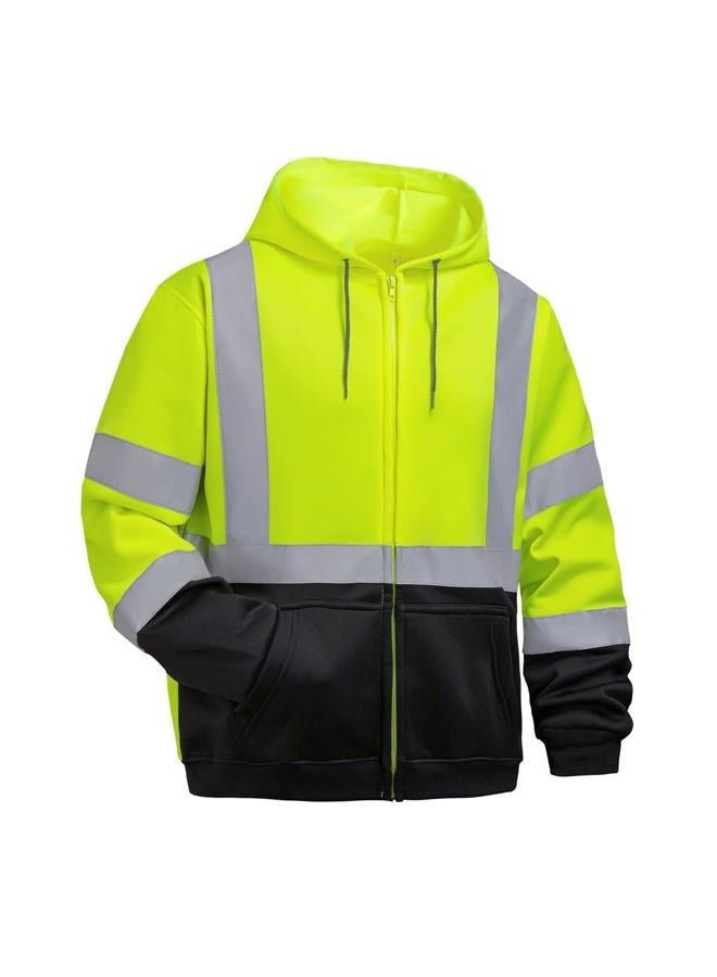 DPSAFETY High visibility Hoodie for Men,Class3 Hi Vis Hoodie with Zipper,Reflective Hooded Hood,Construction work Safety Sweatshirt with Large front Pocket for Men/Women Black Bottom Large - Image 1