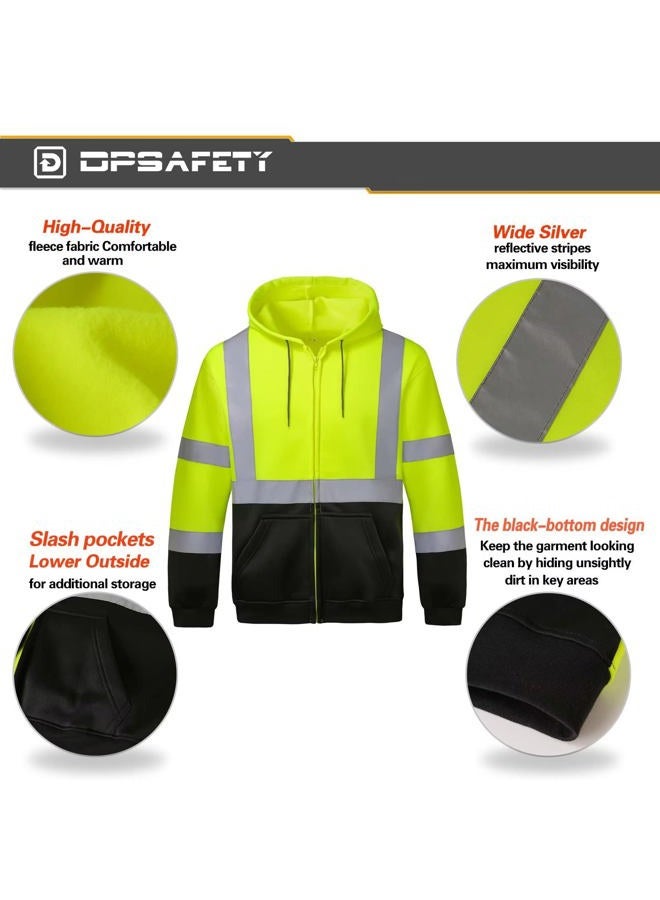 DPSAFETY High visibility Hoodie for Men,Class3 Hi Vis Hoodie with Zipper,Reflective Hooded Hood,Construction work Safety Sweatshirt with Large front Pocket for Men/Women Black Bottom Large - Image 3