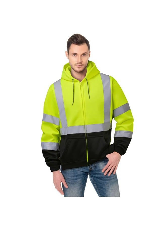 DPSAFETY High visibility Hoodie for Men,Class3 Hi Vis Hoodie with Zipper,Reflective Hooded Hood,Construction work Safety Sweatshirt with Large front Pocket for Men/Women Black Bottom Large - Image 2