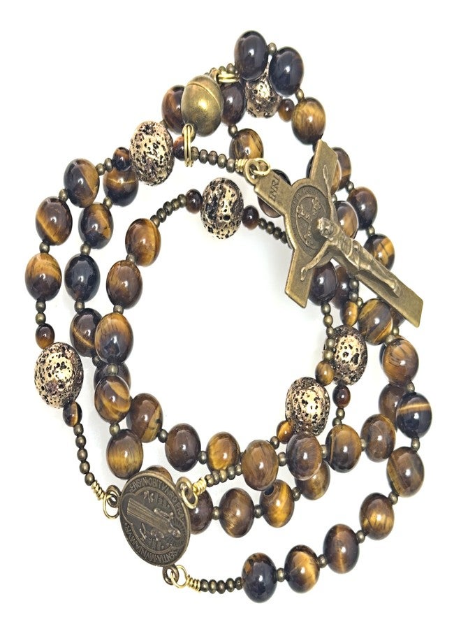 Catholic Rosary Multi Wrap Bracelet | 5 Decade Rosary | Auto Car Rosary Beads | Mens Boys | Handmade | Tiger Eye | Bronze Plated Lava Rock | Antique Bronze Finish | St Benedict | 103-RMW - Image 1