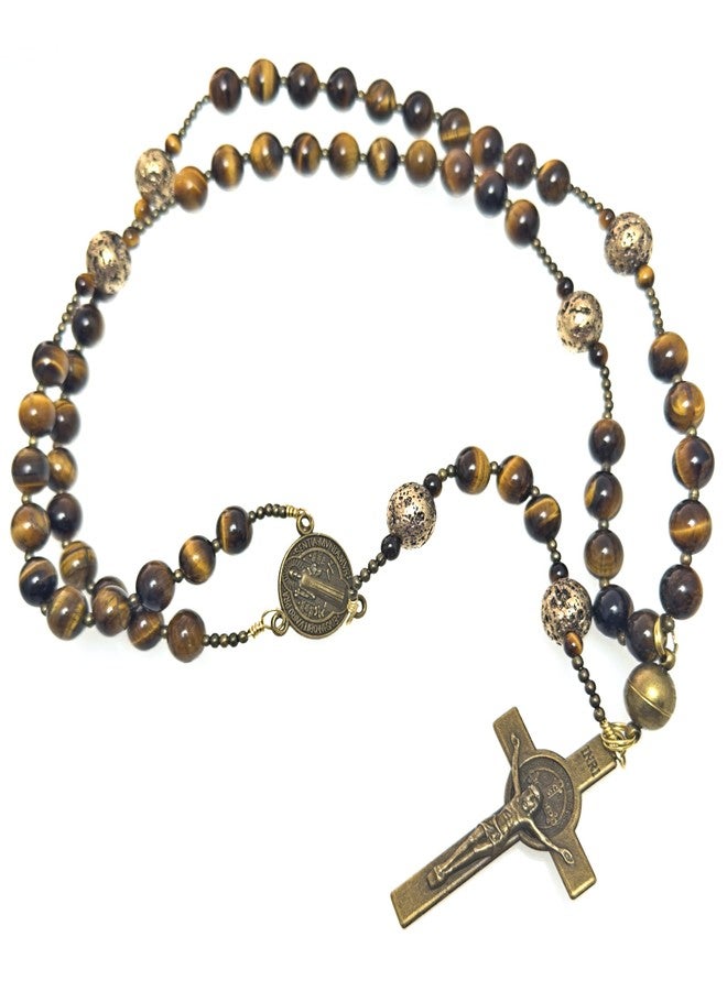 Catholic Rosary Multi Wrap Bracelet | 5 Decade Rosary | Auto Car Rosary Beads | Mens Boys | Handmade | Tiger Eye | Bronze Plated Lava Rock | Antique Bronze Finish | St Benedict | 103-RMW - Image 2