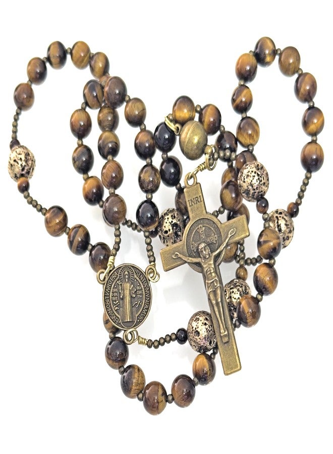 Catholic Rosary Multi Wrap Bracelet | 5 Decade Rosary | Auto Car Rosary Beads | Mens Boys | Handmade | Tiger Eye | Bronze Plated Lava Rock | Antique Bronze Finish | St Benedict | 103-RMW - Image 3