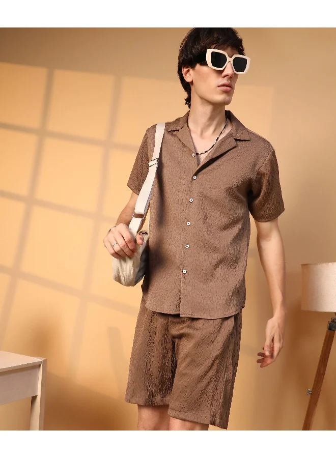 Campus Sutra Men's Chocolate Brown Abstract-Textured Co-Ord Set