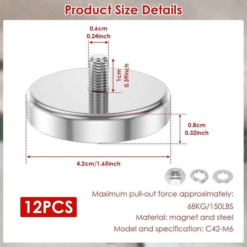 Heavy Duty 150lb Pulling Force Neodymium Cup Magnets With M6 Thread Bolts 12Pcs Set - Image 3