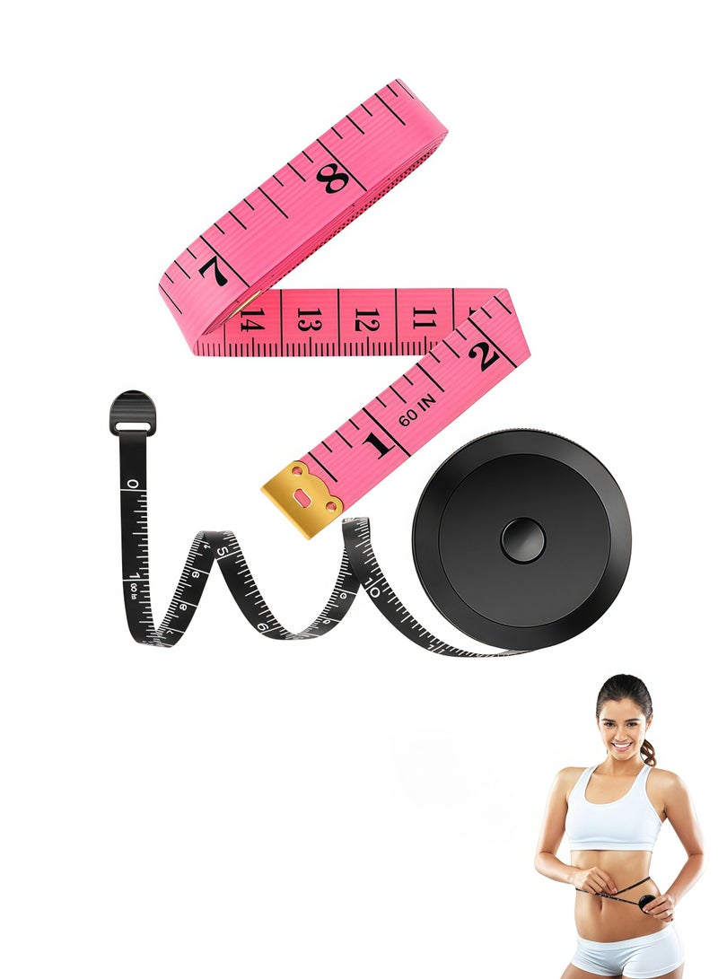 شريط قياس مزدوج، عبوة من قطعتين، لقياس وزن الجسم، مناسب للخياطة، والتطريز، والحياكة، والفينيل، والأعمال اليدوية المنزلية. طوله 60 بوصة، ناعم، وردي أنيق، وأسود قابل للسحب، بمقياسين مزدوجين. - Image 1