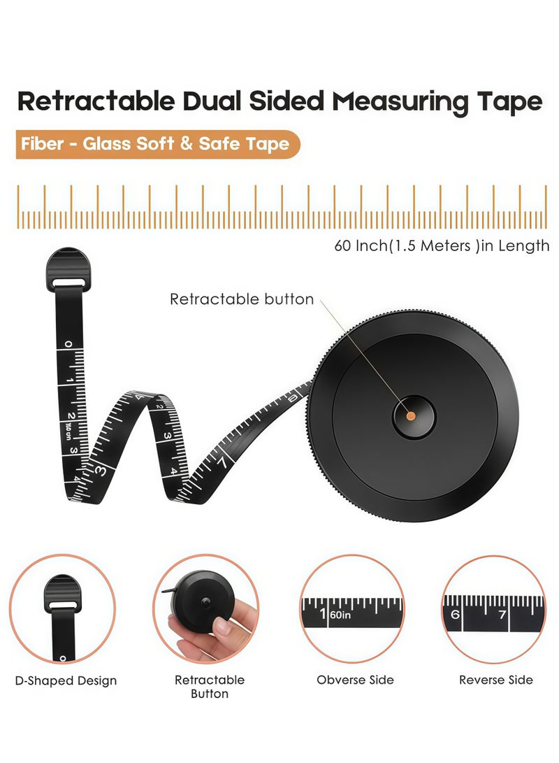 شريط قياس مزدوج، عبوة من قطعتين، لقياس وزن الجسم، مناسب للخياطة، والتطريز، والحياكة، والفينيل، والأعمال اليدوية المنزلية. طوله 60 بوصة، ناعم، وردي أنيق، وأسود قابل للسحب، بمقياسين مزدوجين. - Image 3