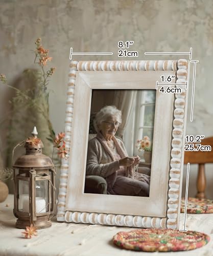 Afuly 5x7 Farmhouse Picture Frame Boho White Beads Photo Frame Wooden Distressed Wall Hanging Desk Standing Decor Artwork Personalized Birthday Gifts for Family Couple Friends - Image 3