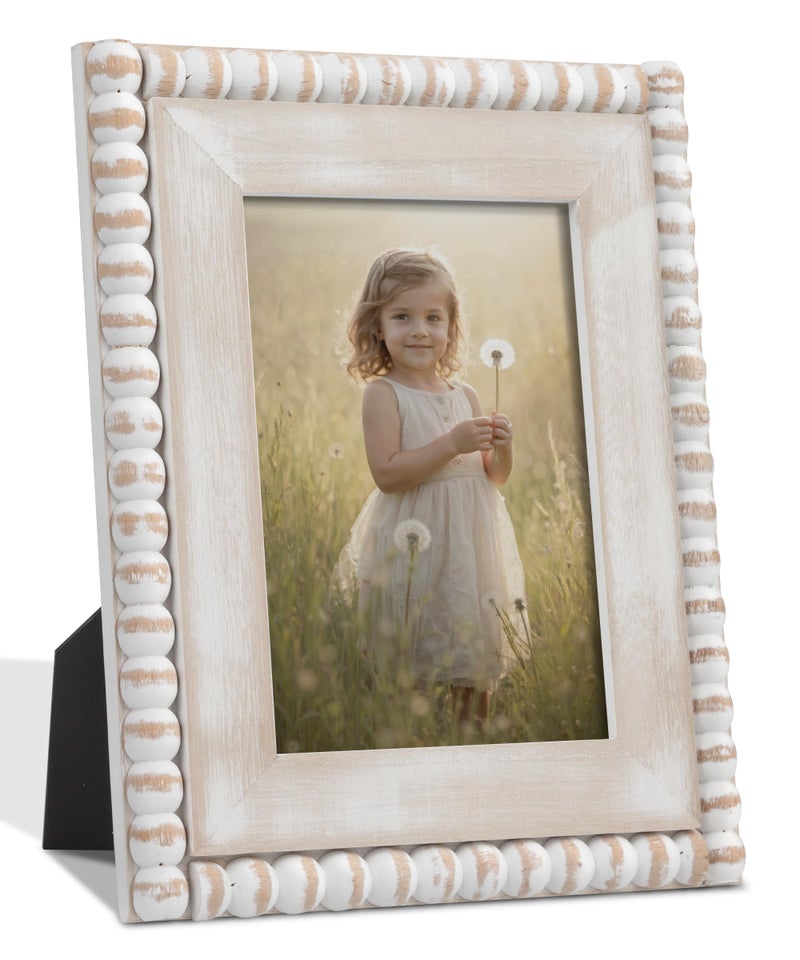 Afuly 5x7 Farmhouse Picture Frame Boho White Beads Photo Frame Wooden Distressed Wall Hanging Desk Standing Decor Artwork Personalized Birthday Gifts for Family Couple Friends - Image 2