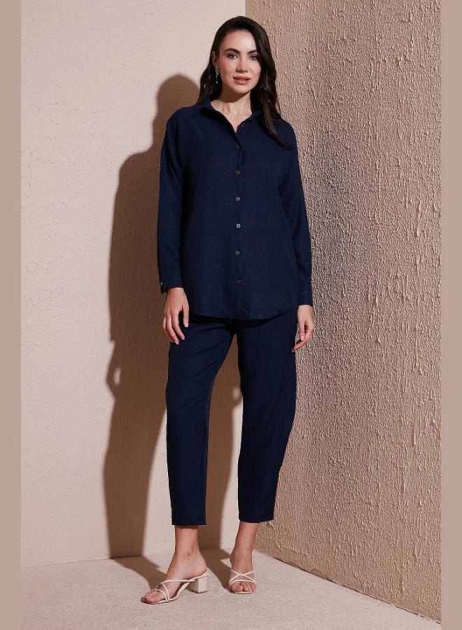 ليلا طقم ليلا من الكتان بلوزة وبنطلون نسائي بقصة عادية وخصر مطاطي وأكمام طويلة