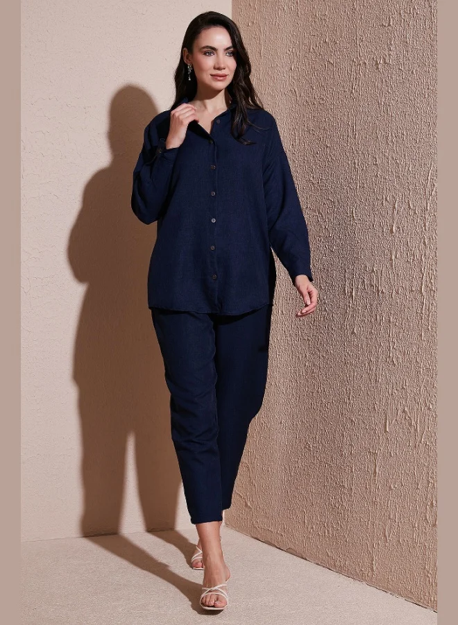 ليلا طقم ليلا من الكتان بلوزة وبنطلون نسائي بقصة عادية وخصر مطاطي وأكمام طويلة