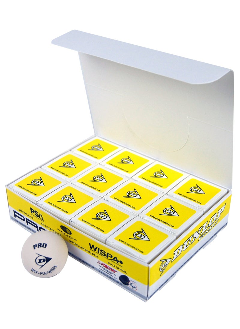 Dunlop White Pro Squash Ball – Box of 12 (Official Double Yellow Dot, White)