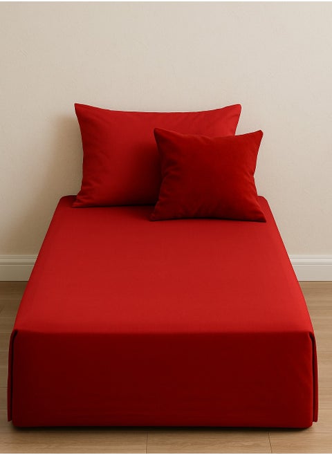 Fitted Bedsheet Single Size 120x200x35 cm with 1 Bedsheet + 1 Pillow Cover + 1 Cushion Cover - Red