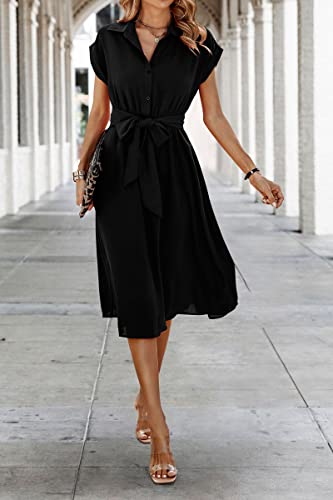 ECOWISH Womens Casual Midi Dresses Solid V Neck Short Sleeve Shirt Dress with Pockets for Spring Summer 2024 Black L - Image 3